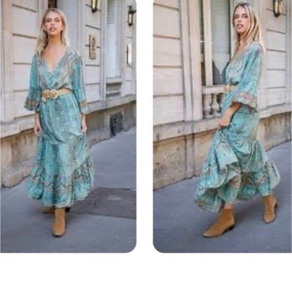 Anthropologie Boemo Green Paisley Long Sleeve V Neck Flowy Maxi Dress M - Picture 2 of 10
